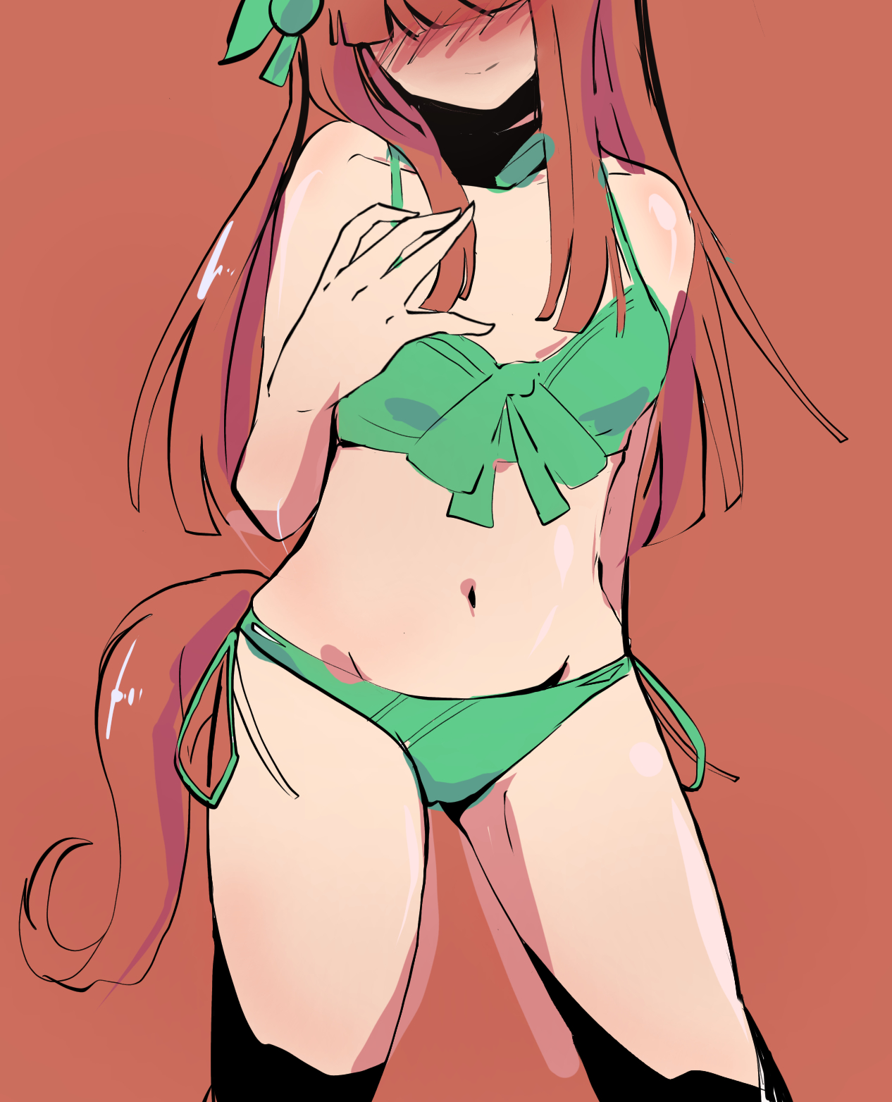 kawamochi (kawauti919), silence suzuka (umamusume), umamusume, highres, 1girl, animal ears, bare arms, bare shoulders, bikini, black thighhighs, blush, breasts, brown background, brown hair, closed mouth, collarbone, ears down, faceless, faceless female, green bikini, hand up, horse ears, horse girl, horse tail, long hair, navel, nose blush, simple background, small breasts, solo, swimsuit, tail, thighhighs, very long hair
