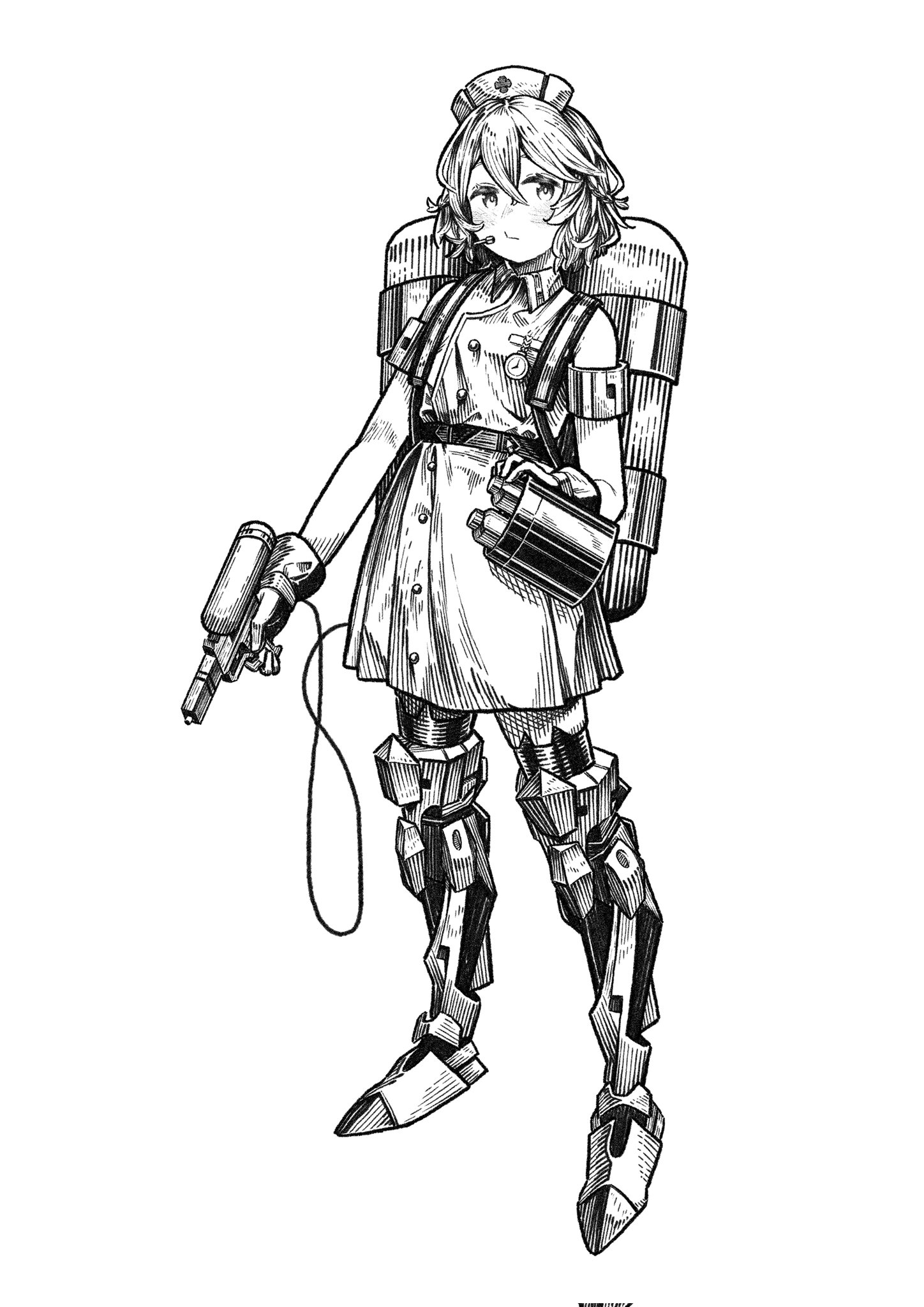 kilsturgeon, nurse robot type t, utau, corrupted twitter file, highres, 1girl, armband, belt, buttons, canister, coat, collared coat, double-breasted, full body, gloves, greyscale, hat, mechanical legs, monochrome, nurse cap, short hair, sleeveless, sleeveless coat, solo, standing