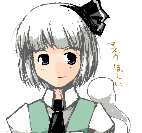 kanoe soushi, konpaku youmu, konpaku youmu (ghost), touhou, silver hair, lowres, translated, 1girl, black necktie, blue eyes, female focus, ghost, hairband, hitodama, jaggy lines, necktie, short hair, simple background, solo, white background