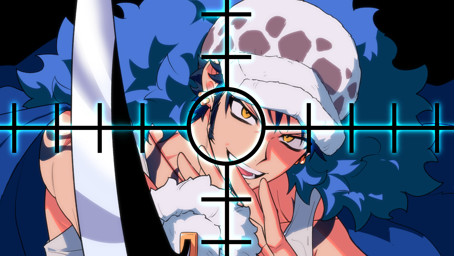 yakumo (ykm), trafalgar law, one piece, commentary request, 1boy, :d, black background, black hair, blue coat, chest tattoo, coat, coat on shoulders, collarbone, crosshair, earrings, facial hair, fur-trimmed coat, fur hat, fur trim, goatee, gold earrings, hand up, hat, holding, holding sword, holding weapon, jewelry, katana, looking at viewer, male focus, open mouth, pointing melee weapon, pointing sword, short hair, shoulder tattoo, sideburns, smile, solo, sword, tank top, tattoo, teeth, upper body, v-shaped eyebrows, weapon, white hat, white tank top, yellow eyes