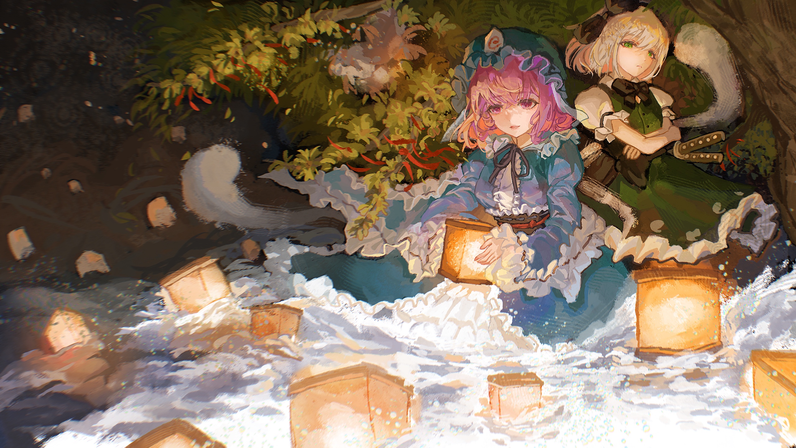 konpaku youmu, saigyouji yuyuko, touhou, highres, black bow, black bowtie, black hairband, blue dress, blue kimono, bow, bowtie, dress, floating lights, ghost, green dress, green vest, grey hair, hairband, hat, japanese clothes, kimono, lantern, mob cap, pink hair, river, skirt, skirt set, vest, yukata
