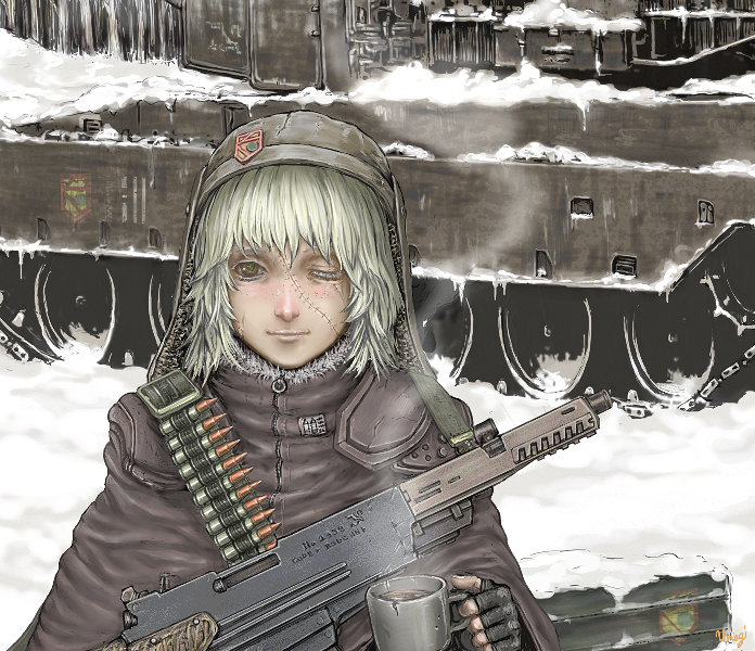 unagi (sougansouji), original, vehicle, gender request, androgynous, bullet, caterpillar tracks, coat, fingerless gloves, gloves, gun, military, military vehicle, motor vehicle, one eye closed, scar, short hair, snow, solo, stitches, tank, weapon, white hair, wink, yellow eyes