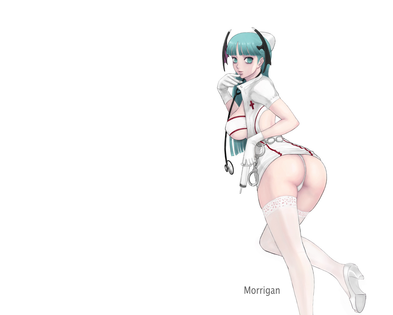 ark (morita hitomi), morrigan aensland, capcom, darkstalkers, 1girl, ass, breasts, character name, cleavage, cosplay, demon girl, female focus, gloves, green eyes, green hair, large breasts, lingerie, long hair, matching hair/eyes, nurse, panties, solo, underwear