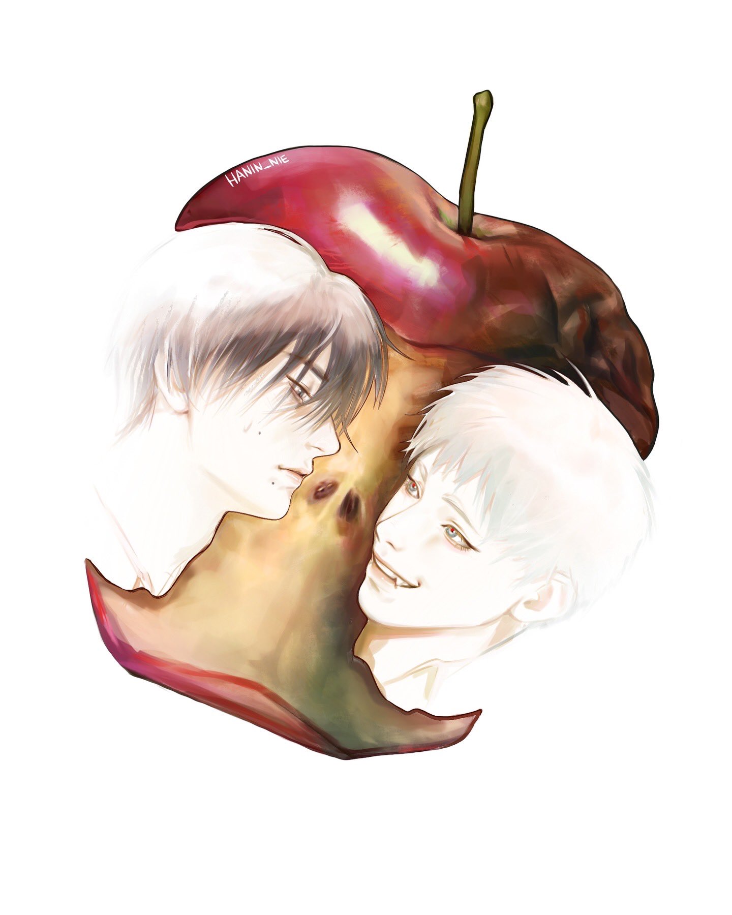 indou hikaru, tsujinaka yoshiki, hikaru ga shinda natsu, highres, 2boys, apple, apple core, appletrend, artist name, bitten apple, black hair, closed mouth, disembodied head, fang, food, food bite, fruit, hanin nie, lips, male focus, mole, mole on cheek, mole under eye, multiple boys, multiple moles, nose, red pupils, short hair, teeth, white hair