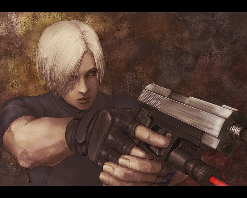 unagi (sougansouji), dante (devil may cry), leon s. kennedy, capcom, devil may cry (series), resident evil, resident evil 4, 1boy, curtained hair, fingerless gloves, gloves, gun, h&k usp, handgun, laser, laser pointer projection, laser sight, letterboxed, male focus, pistol, ruger p, s&w sd, s&w sigma, semi-automatic pistol, silver ghost, solo, weapon
