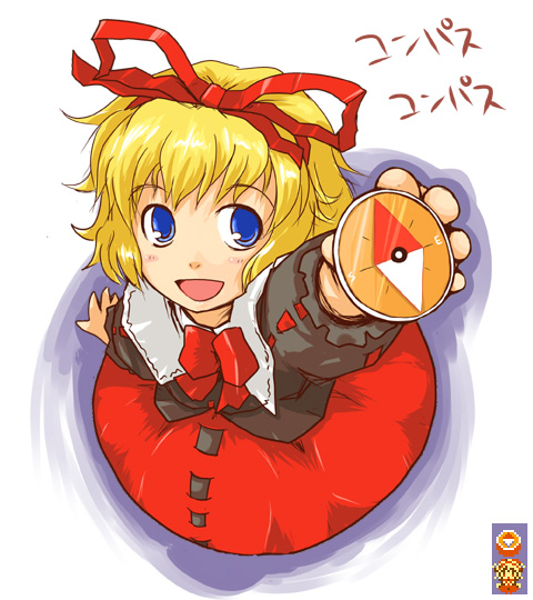 kanoe soushi, medicine melancholy, nintendo, the legend of zelda, touhou, translated, 1girl, artistic error, blonde hair, blue eyes, compass, female focus, from above, hair ribbon, holding, open mouth, parody, pixel art, pun, ribbon, short hair, smile, solo