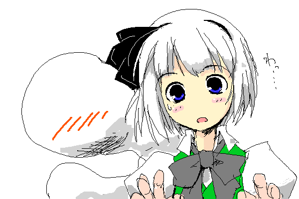 kanoe soushi, konpaku youmu, konpaku youmu (ghost), touhou, 1girl, blue eyes, blush, female focus, hitodama, jaggy lines, ribbon, short hair, simple background, solo, white background, white hair