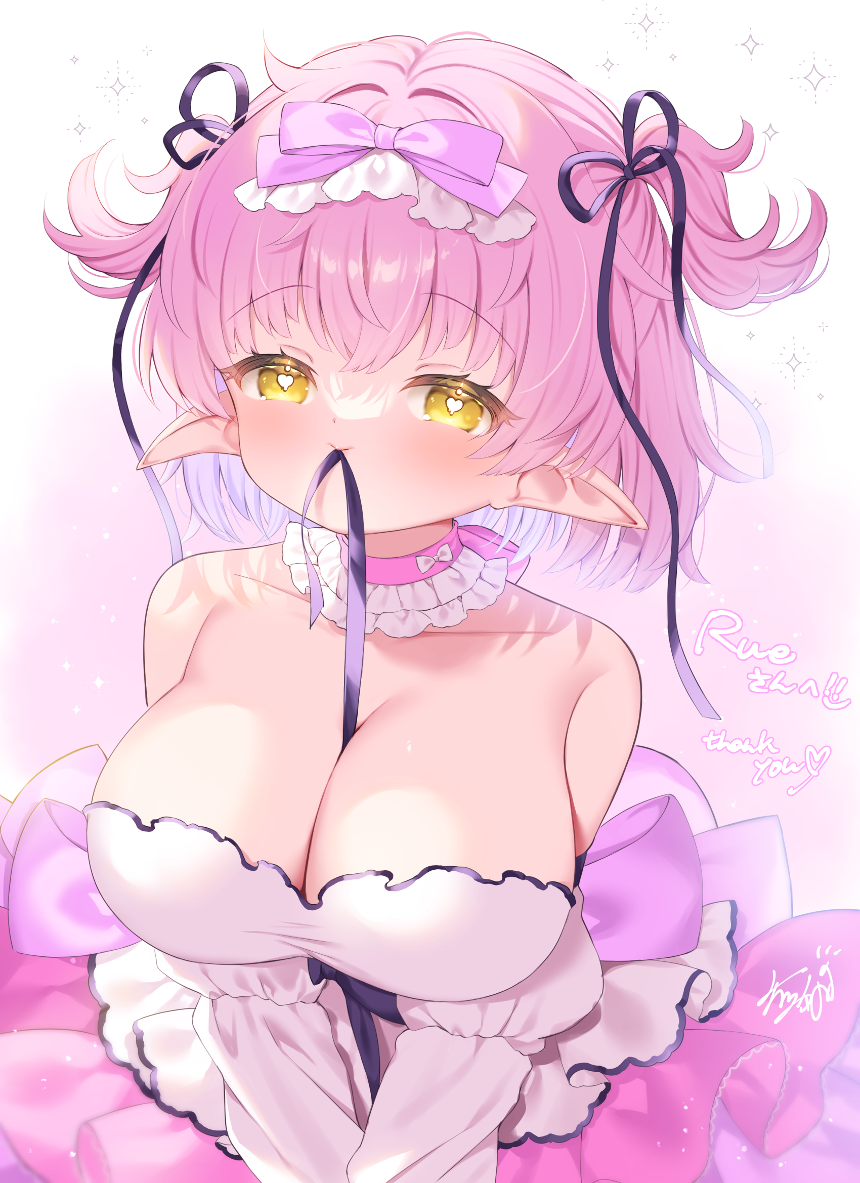 yasumi nashi, original, highres, bare shoulders, breasts, collarbone, detached sleeves, hair ornament, hair ribbon, heart, heart-shaped pupils, large breasts, neck ribbon, pink hair, pointy ears, ribbon, symbol-shaped pupils, yellow eyes