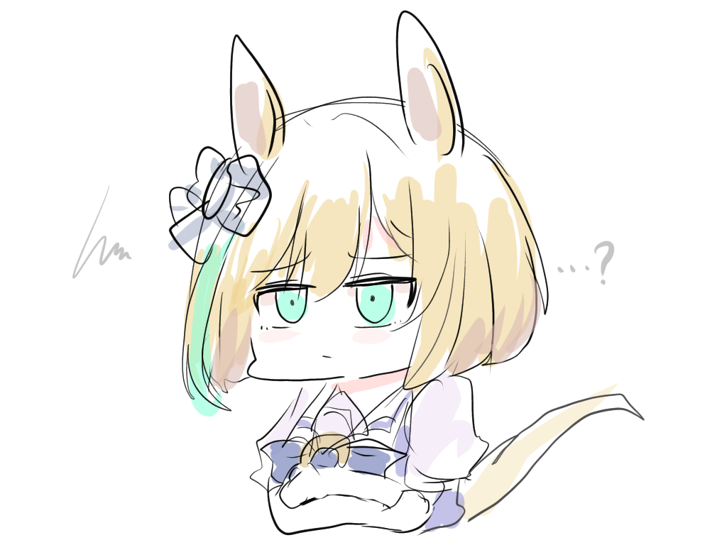 kawamochi (kawauti919), little cocon (umamusume), umamusume, …?, 1girl, animal ears, blonde hair, bow, cropped torso, crossed arms, green eyes, green hair, grey bow, hair bow, horse ears, horse girl, horse tail, multicolored hair, puffy short sleeves, puffy sleeves, purple bow, purple shirt, school uniform, shirt, short sleeves, simple background, solo, squiggle, streaked hair, tail, tracen school uniform, upper body, white background