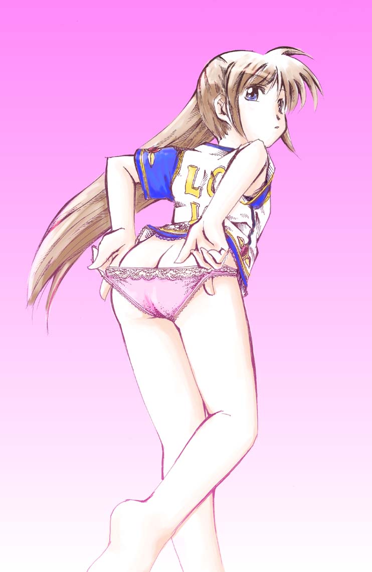 jason (kaiten kussaku kikou), takamachi nanoha, lyrical nanoha, mahou shoujo lyrical nanoha, 00s, 1girl, ass, blue eyes, brown hair, butt crack, female focus, no pants, panties, solo, underwear