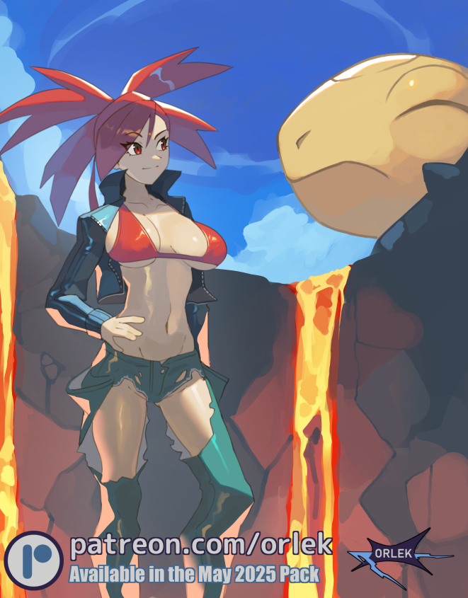 orlek, flannery (pokemon), torkoal, nintendo, pokemon, pokemon rse, 1girl, bikini, bikini top only, black jacket, blue pants, blue sky, breasts, closed eyes, closed mouth, clothing cutout, collarbone, cropped jacket, gen 3 pokemon, jacket, large breasts, lava, long hair, navel, open clothes, open jacket, pants, pokemon (creature), ponytail, red bikini, red eyes, red hair, sky, smile, stomach, swimsuit, thigh cutout