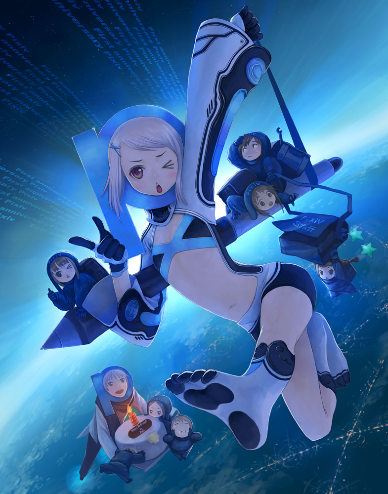 masakichi, pixiv-tan, pixiv, 1boy, 6+girls, birthday, blush, cake, feet, flat chest, flying, food, hair ornament, hairclip, midriff, multiple girls, one eye closed, open mouth, pastry, pen, pointing, red eyes, short hair, thumbs up, white hair, wink, yellow eyes