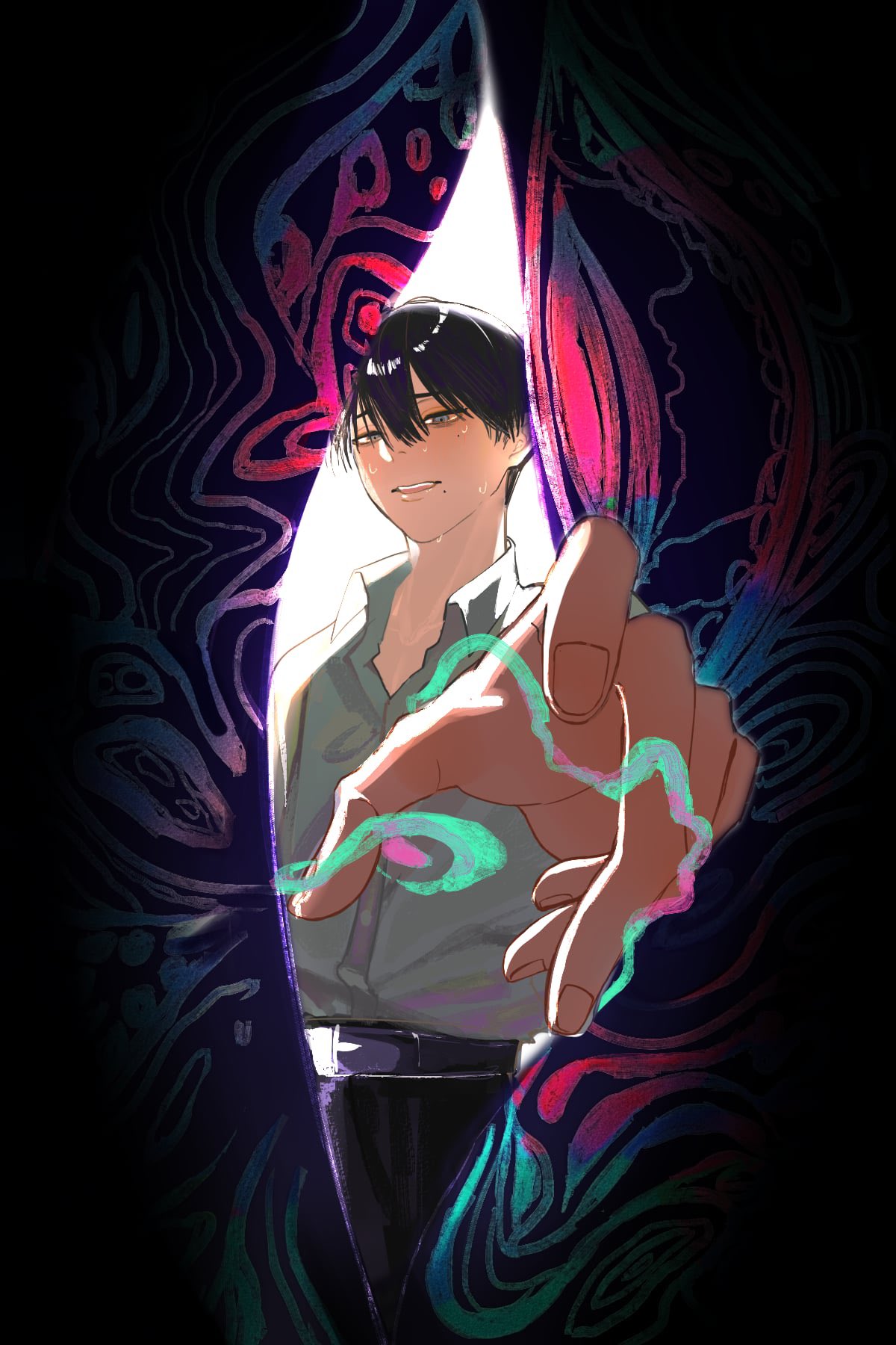 indou hikaru, tsujinaka yoshiki, hikaru ga shinda natsu, hashtag-only commentary, highres, 2boys, belt, black belt, black hair, black pants, blue eyes, body horror, collared shirt, fingernails, kimura ai, male focus, mole, mole on cheek, mole under mouth, multiple boys, multiple moles, pants, shirt, shirt tucked in, short hair, simple background, sweat, teeth, upper teeth only, white background, white shirt