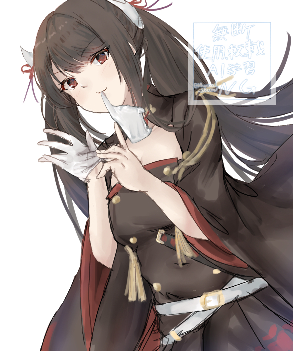 mumei shumi, haruna (azur lane), azur lane, highres, 1girl, adjusting clothes, adjusting gloves, aiguillette, artist name, belt, belt buckle, black dress, brown hair, buckle, buttons, closed mouth, double-breasted, dress, dutch angle, furisode sleeves, glove in mouth, gloves, hair ribbon, hands up, long hair, looking at viewer, mouth hold, multiple belts, red eyes, red ribbon, ribbon, sidelocks, simple background, single glove, solo, swept bangs, tassel, three-quarter sleeves, twintails, twitter username, upper body, watermark, white background, white belt, white gloves, wide sleeves
