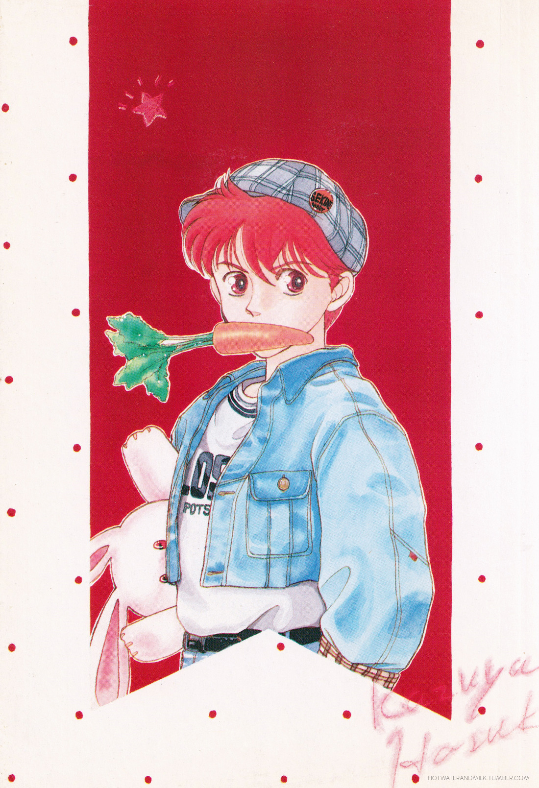 hasukawa kazuya, koko wa greenwood, commentary, english commentary, highres, scan, third-party edit, 1boy, belt, black belt, carrot, clothes writing, denim, denim jacket, food, food in mouth, hat, holding, holding food, holding vegetable, jacket, long sleeves, looking at viewer, male focus, mouth hold, nasu yukie, pillarboxed, plaid hat, red eyes, red hair, shirt, short hair, solo, star (symbol), stuffed animal, stuffed rabbit, stuffed toy, third-party watermark, vegetable, white shirt