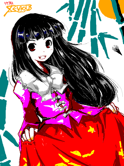 kanoe soushi, houraisan kaguya, touhou, 1girl, black hair, female focus, long hair, red eyes, skirt hold, solo, standing