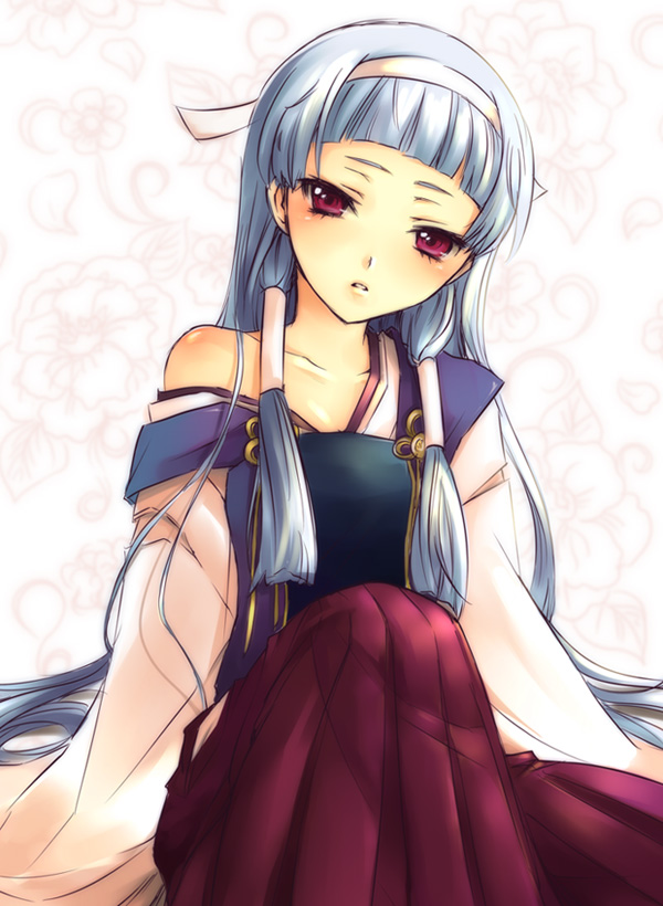 mizunomoto, nagi, kannagi, 00s, bare shoulders, blue hair, blunt bangs, hairband, long hair, purple eyes, solo