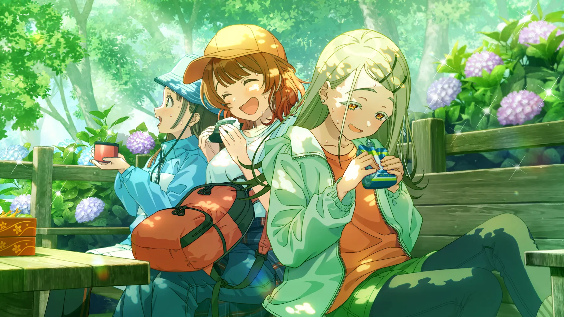hanami ume, kuramoto china, shinosawa hiro, gakuen idolmaster, idolmaster, game cg, official art, 3girls, backpack, bag, black hair, blonde hair, brown hair, closed eyes, earrings, fence, flower, food, hair ornament, hairclip, hat, holding, jacket, jewelry, leaf, multicolored hair, multiple girls, open mouth, orange eyes, orange shirt, pants, profile, red hair, shirt, short shorts, shorts, sitting, sparkle, sweat, table, tree
