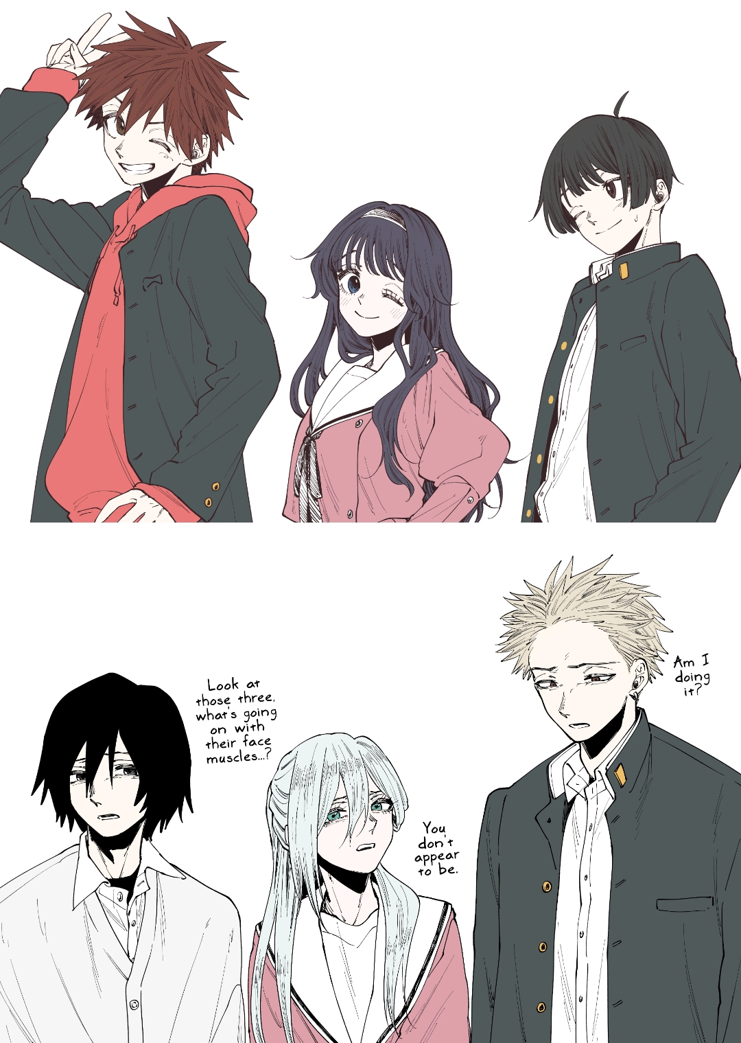 mikami saka, hoshina subaru, natsusawa saku, tsumugi rintarou, usami shouhei, waguri kaoruko, yorita ayato, kaoru hana wa rin to saku, colorized, highres, official art, stitched, third-party edit, translated, 2girls, 4boys, arm up, black eyes, black hair, black jacket, blonde hair, blue eyes, blue hair, blue sweater, blush, brown eyes, collar, collared shirt, english text, green eyes, hairband, hood, hooded jacket, hoodie, jacket, long hair, long sleeves, lower teeth only, multiple boys, multiple girls, neckerchief, one eye closed, open mouth, peace symbol, pink serafuku, red hair, red hood, red hoodie, red jacket, sailor collar, school uniform, serafuku, shirt, shirt tucked in, shirt under sweater, short hair, smile, sweat, sweatdrop, sweater, teeth, upper teeth only, wavy hair, white hairband, white neckerchief, white sailor collar, white shirt, wink