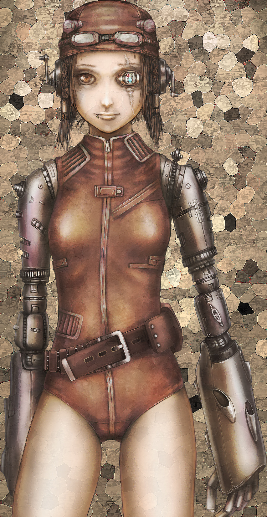 unagi (sougansouji), original, highres, 1girl, belt, braid, brown hair, cyborg, female focus, hat, piercing, prosthesis, scar, scar across eye, scar on face, solo, tongue piercing, twin braids