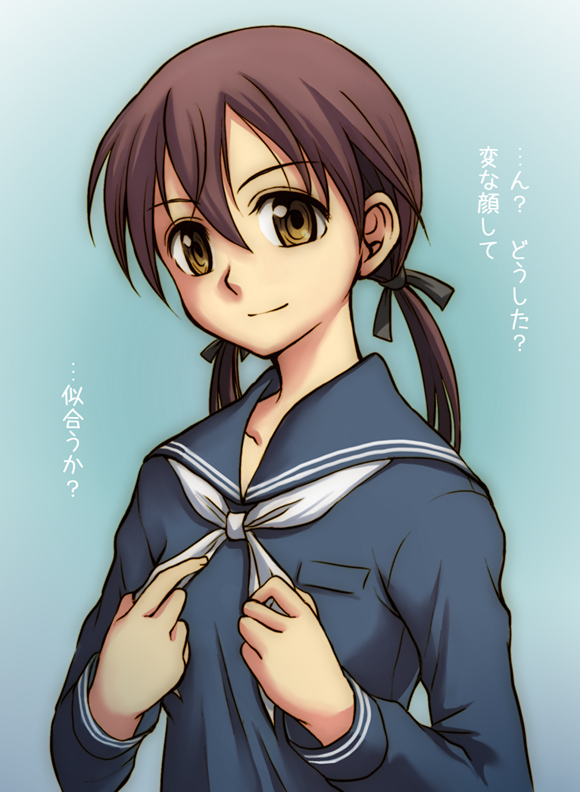 niina ryou, gertrud barkhorn, strike witches, world witches series, bad id, bad pixiv id, translated, 00s, 1girl, alternate costume, brown hair, female focus, gradient background, hair ornament, hair ribbon, ribbon, school uniform, serafuku, smile, solo, twintails, yellow eyes