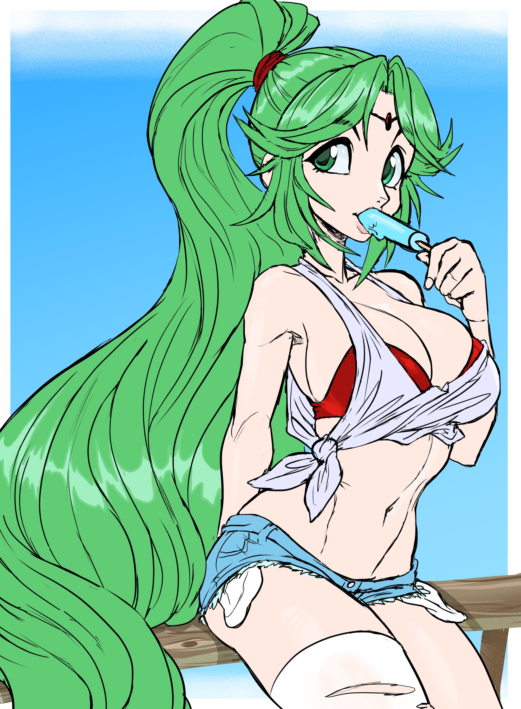 teevo, palutena, kid icarus, kid icarus uprising, nintendo, bra, breasts, circlet, cleavage, crop top, denim, denim shorts, eating, food, green eyes, green hair, ice cream, large breasts, long hair, navel, ponytail, red bra, short shorts, shorts, suggestive gesture, underwear