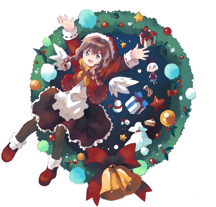 shatiko, original, bad id, bad pixiv id, 1girl, braid, brown hair, brown pantyhose, christmas, female focus, pantyhose, santa costume, solo, twin braids, wreath