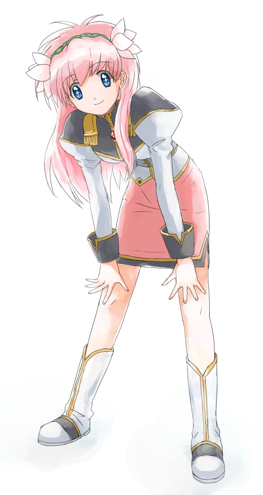 nyama, milfeulle sakuraba, galaxy angel, bad id, bad pixiv id, 00s, 1girl, bent over, blue eyes, blush, female focus, full body, hairband, long sleeves, looking back, pencil skirt, pink hair, simple background, skirt, solo, standing, white background