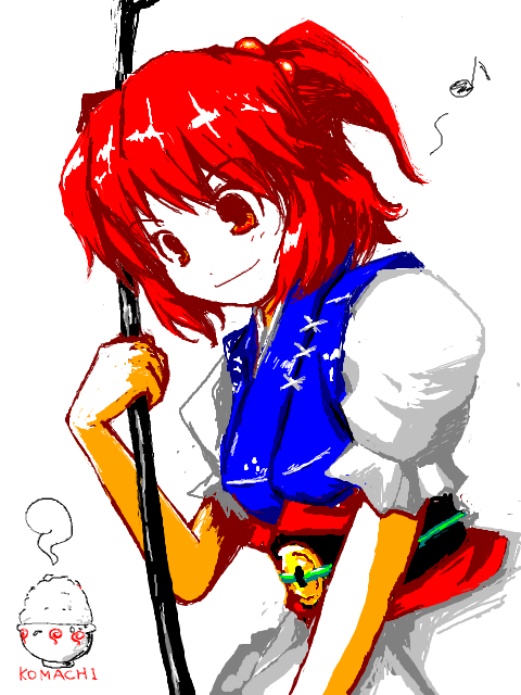 kanoe soushi, onozuka komachi, touhou, 1girl, female focus, food, happy, red eyes, red hair, scythe, short hair, solo, standing, twintails, two side up, white background