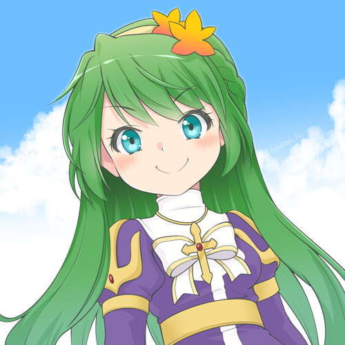 kotomi (happy colors), priest (ragnarok online), ragnarok masters, ragnarok online, commentary request, lowres, 1girl, blue eyes, blue sky, blush, bow, bowtie, braid, breasts, closed mouth, cloud, cross, cross necklace, day, dress, green hair, hair ornament, hairband, half up braid, jewelry, leaf hair ornament, long hair, long sleeves, necklace, outdoors, purple dress, sky, small breasts, smile, solo, upper body, white bow, white bowtie, yellow hairband