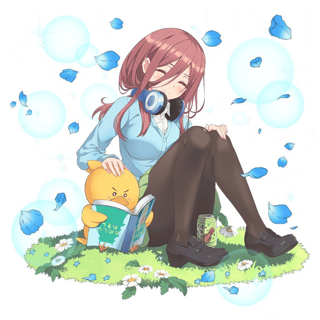 nakano miku, go-toubun no hanayome, highres, official art, 1girl, black pantyhose, black shoe, blue flower, blue petals, blue sweater, blush, breasts, brown hair, closed eyes, closed mouth, collared shirt, dot nose, female focus, flower, full body, grass, green background, headphones, headphones around neck, juice, juice can, large breasts, long hair, long sleeves, miniskirt, pantyhose, pleated skirt, school uniform, shirt, sitting, skirt, smile, solo, solo focus, stuffed toy, sweater, white flower, white shirt