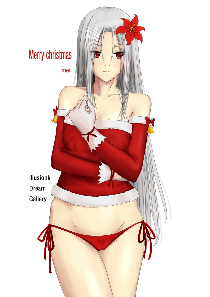illusionk, isayama mei, ga-rei, ga-rei zero, silver hair, 00s, 1girl, cameltoe, christmas, female focus, flower, frown, groin, hair flower, hair ornament, long hair, panties, red eyes, red panties, santa costume, side-tie panties, solo, underwear