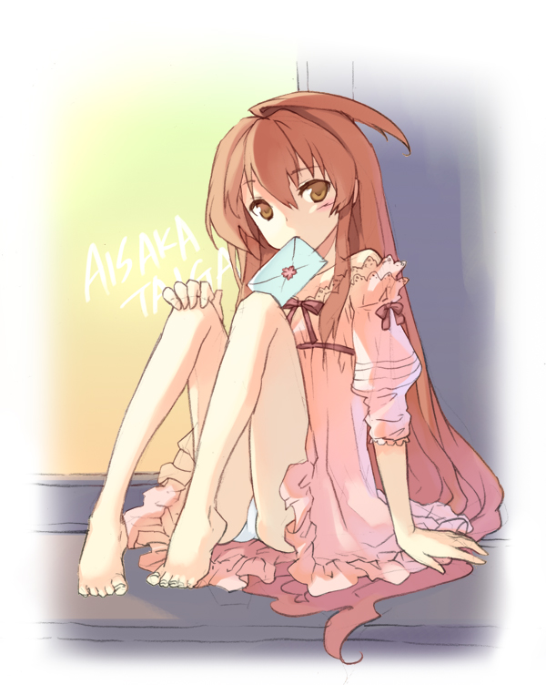 cuteg, aisaka taiga, toradora!, bad id, bad pixiv id, 00s, 1girl, barefoot, brown eyes, brown hair, feet, female focus, hand on own knee, letter, long hair, mouth hold, panties, sitting, solo, underwear