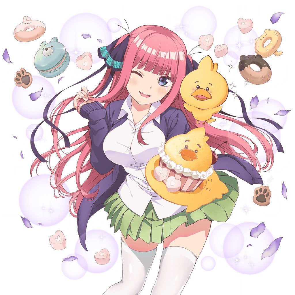 nakano nino, go-toubun no hanayome, highres, official art, 1girl, blue eyes, blush, breasts, cake, cleavage, collared shirt, donut, dot nose, female focus, food, green skirt, hair ornament, holding, holding cake, holding food, holding own hair, holding stuffed toy, large breasts, legs, long hair, long sleeves, looking at viewer, miniskirt, one eye closed, open mouth, pink hair, pleated skirt, purple sweater, school uniform, shirt, skirt, solo, solo focus, stuffed toy, sweater, teeth, thighhighs, thighs, twintails, upper teeth only, very long hair, white shirt, white thighhighs, wink, zettai ryouiki