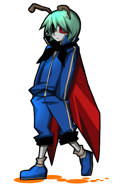 senmu (0107), wriggle nightbug, touhou, bad id, bad pixiv id, 1girl, alternate costume, antennae, cape, casual, colored sclera, contemporary, female focus, green hair, red sclera, short hair, simple background, solo, white background