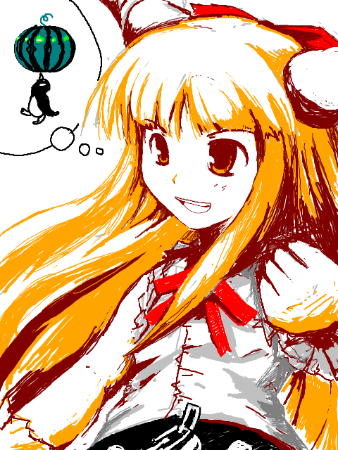 kanoe soushi, ibuki suika, touhou, 1girl, balancing, bird, female focus, food, fruit, horns, long hair, name connection, object namesake, orange hair, penguin, solo, watermelon, yellow eyes