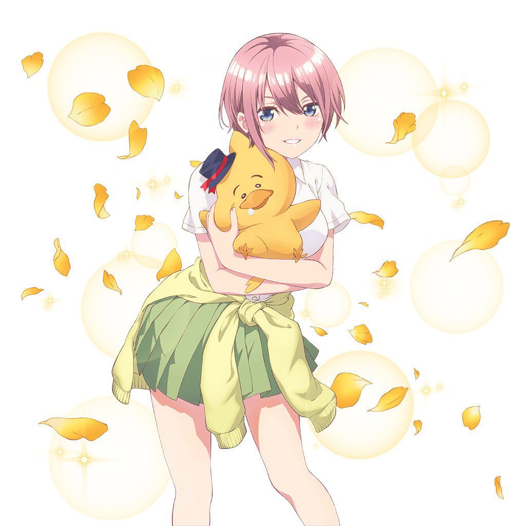 nakano ichika, go-toubun no hanayome, highres, official art, 1girl, blue eyes, blush, breasts, clothes around waist, collared shirt, dot nose, female focus, green skirt, green sweater, holding, holding stuffed toy, large breasts, legs, looking at viewer, miniskirt, open mouth, pink hair, pleated skirt, school uniform, shirt, shirt tucked in, short hair, short sleeves, skirt, smile, solo, solo focus, stuffed toy, sweater, sweater around waist, teeth, thighs, white shirt