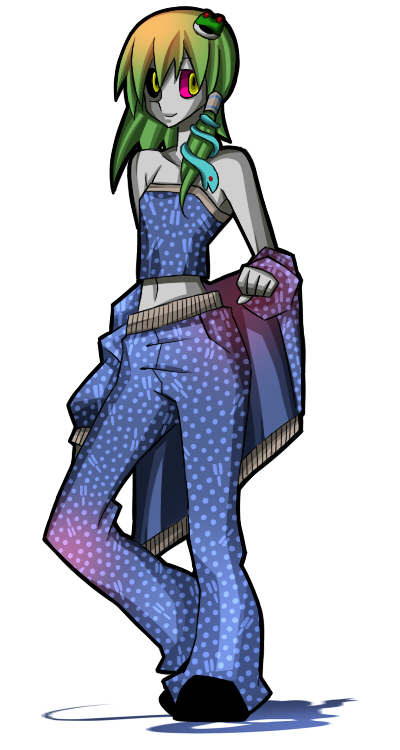 senmu (0107), kochiya sanae, touhou, bad id, bad pixiv id, 1girl, alternate costume, contemporary, female focus, full body, green hair, hair ornament, hairclip, snake, solo