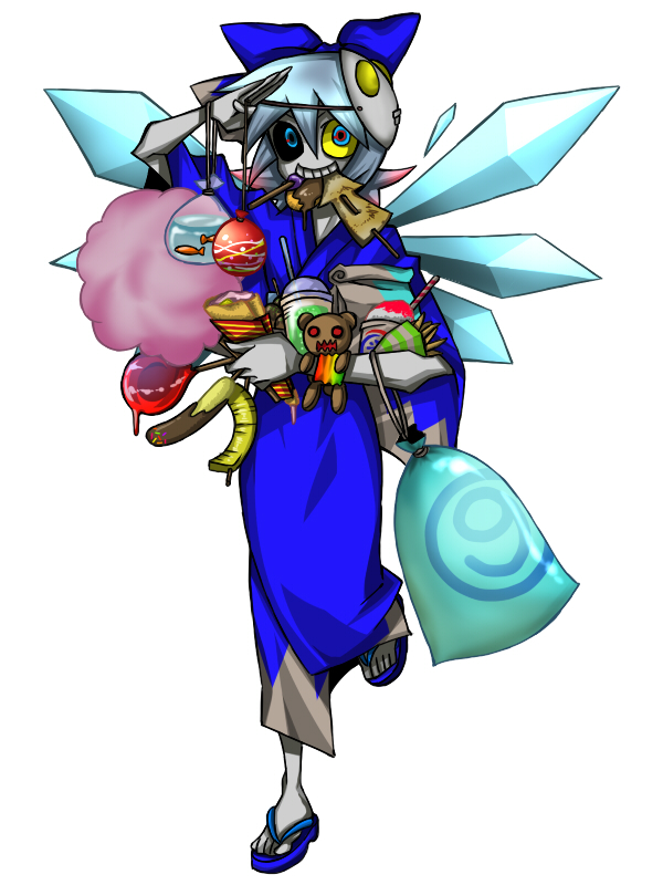 senmu (0107), cirno, touhou, bad id, bad pixiv id, 1girl, circled 9, female focus, full body, japanese clothes, kimono, mouth hold, salute, sandals, simple background, solo, wings