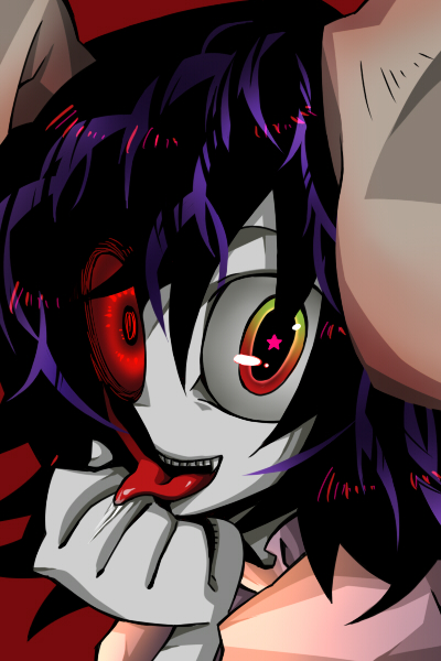 senmu (0107), inaba tewi, touhou, bad id, bad pixiv id, 1girl, animal ears, black hair, colored sclera, creepy, female focus, heterochromia, mismatched sclera, multicolored eyes, pale skin, rabbit ears, red eyes, red sclera, short hair, solo, star (symbol), tongue