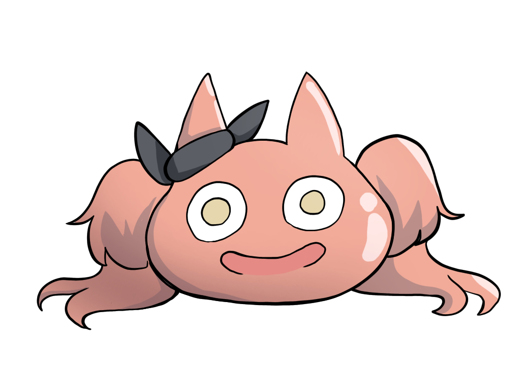 kawamochi (kawauti919), mayano top gun (umamusume), slime (dragon quest), dragon quest, umamusume, :d, animal ears, black ribbon, bow, brown eyes, ear ribbon, full body, horse ears, looking at viewer, open mouth, ribbon, simple background, smile, solo, two side up, white background