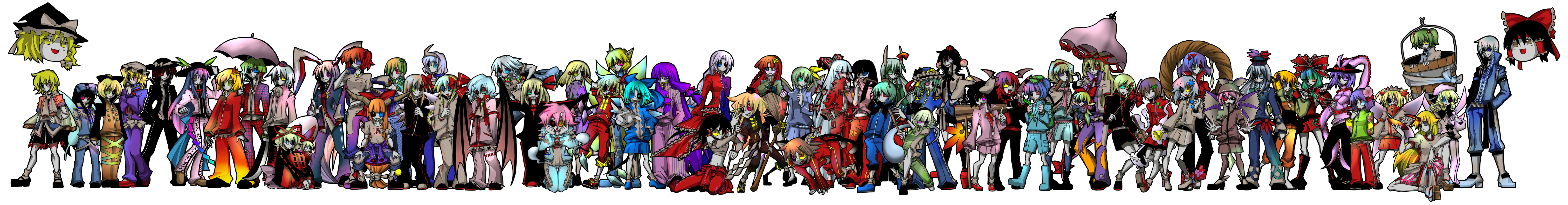 senmu (0107), aki minoriko, aki shizuha, alice margatroid, chen, cirno, daiyousei, ex-keine, flandre scarlet, fujiwara no mokou, hakurei reimu, hieda no akyuu, hinanawi tenshi, hong meiling, hoshiguma yuugi, ibuki suika, inaba tewi, inubashiri momiji, izayoi sakuya, kagiyama hina, kamishirasawa keine, kawashiro nitori, kazami yuuka, kirisame marisa, kisume, koakuma, kochiya sanae, konpaku youmu, konpaku youmu (ghost), kurodani yamame, letty whiterock, lily black, lily white, luna child, lunasa prismriver, lyrica prismriver, maribel hearn, medicine melancholy, merlin prismriver, mizuhashi parsee, morichika rinnosuke, moriya suwako, mystia lorelei, nagae iku, onozuka komachi, patchouli knowledge, reisen udongein inaba, remilia scarlet, rumia, saigyouji yuyuko, shameimaru aya, shanghai doll, shiki eiki, star sapphire, su-san, sunny milk, usami renko, wriggle nightbug, yagokoro eirin, yakumo ran, yakumo yukari, yasaka kanako, touhou, absurdres, bad id, bad pixiv id, highres, long image, wide image, 1boy, 6+girls, adapted costume, alternate costume, blonde hair, contemporary, dual persona, everyone, hitodama, horns, matching shanghai, multiple girls, no headwear, single horn, yukkuri shiteitte ne
