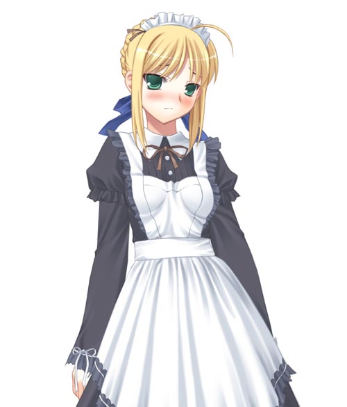 sai gakai, artoria pendragon (fate), saber (fate), fate/stay night, fate (series), 00s, ahoge, alternate costume, blonde hair, green eyes, maid, solo