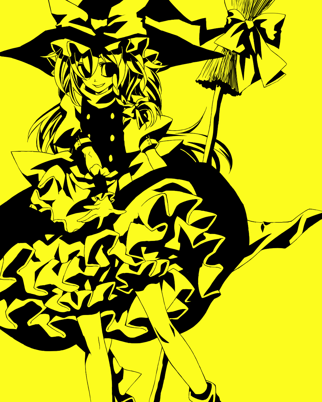 senmu (0107), kirisame marisa, touhou, bad id, bad pixiv id, highres, 1girl, bow, braid, broom, female focus, hair bow, hat, hat bow, high contrast, monochrome, single braid, solo, witch, witch hat, yellow theme
