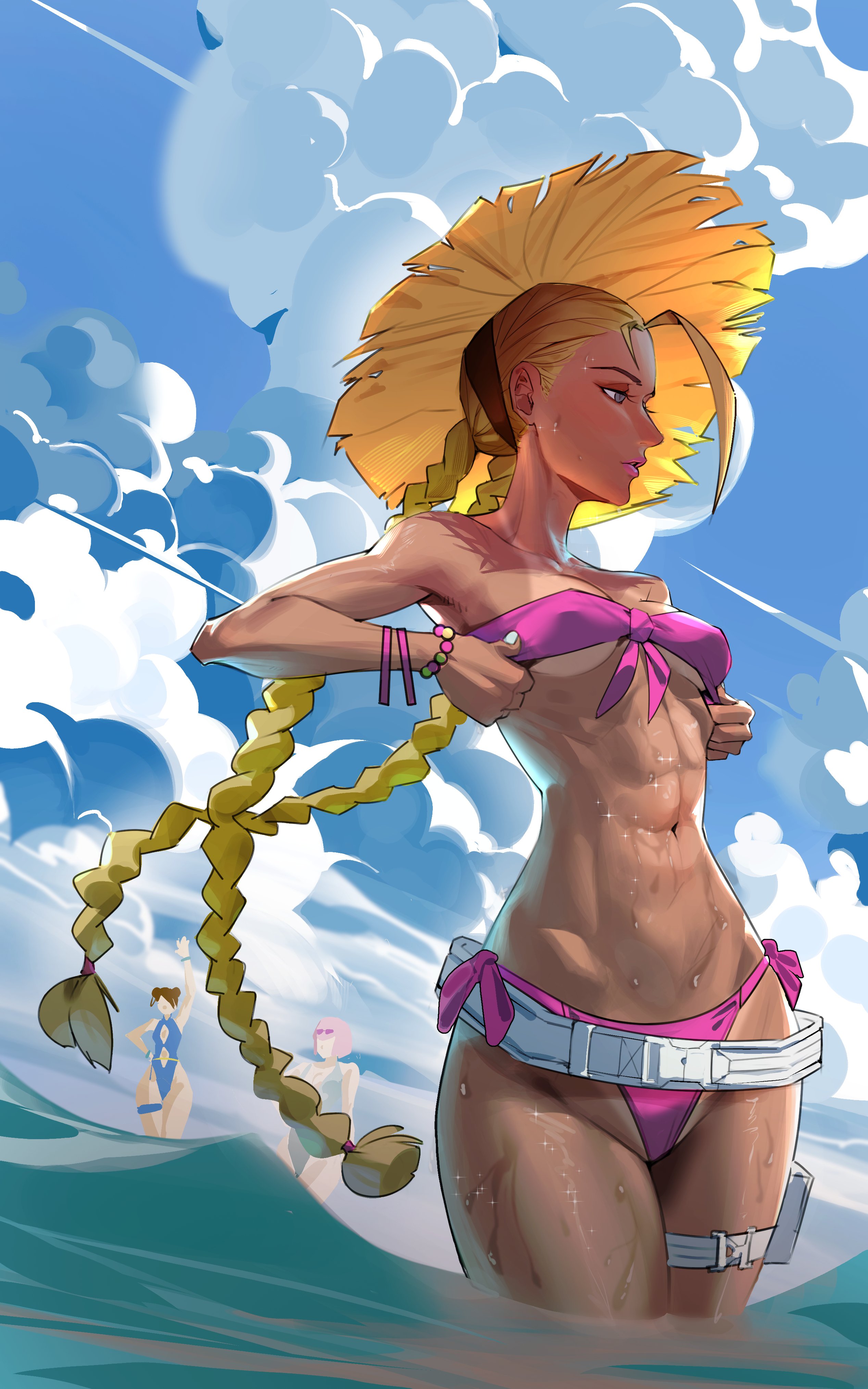 cloudy rain4, cammy white, chun-li, capcom, street fighter, street fighter 6, absurdres, highres, 3girls, abs, adjusting clothes, alternate costume, bikini, blonde hair, bracelet, braid, breasts, cloud, curvy, day, hat, jewelry, long hair, multiple girls, navel, official alternate costume, one-piece swimsuit, pink bikini, pink hair, scar, side-tie bikini bottom, solo focus, straw hat, swimsuit, thong, thong bikini, twin braids, wading, wet, wide hips