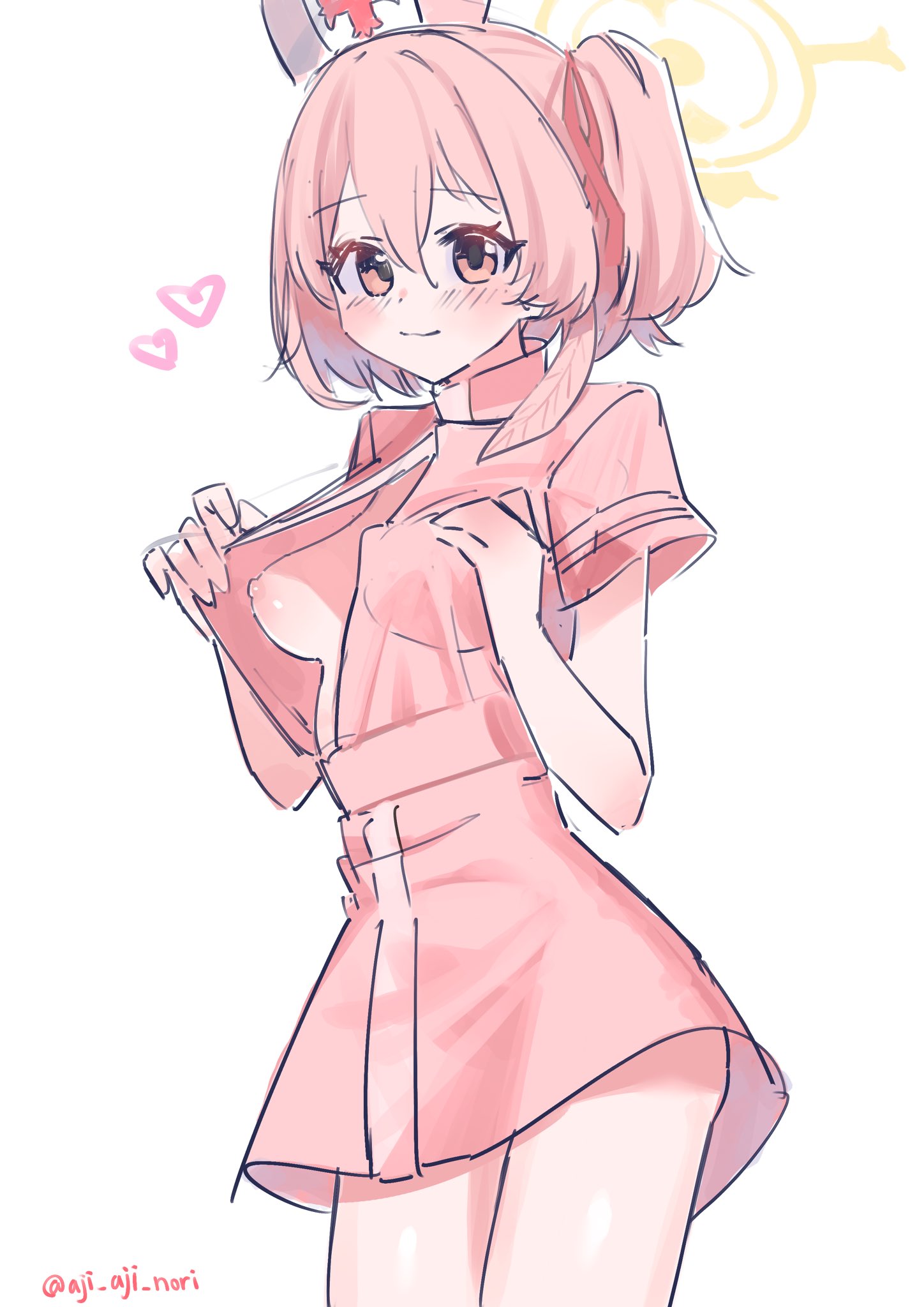 aji aji nori, serina (blue archive), blue archive, highres, 1girl, blush, breasts, closed mouth, cowboy shot, dress, flashing, hair between eyes, halo, hat, heart, looking at viewer, medium breasts, nipples, nurse, nurse cap, one breast out, one side up, pink dress, pink eyes, pink hair, short sleeves, simple background, small breasts, smile, solo, twitter username, white background, yellow halo