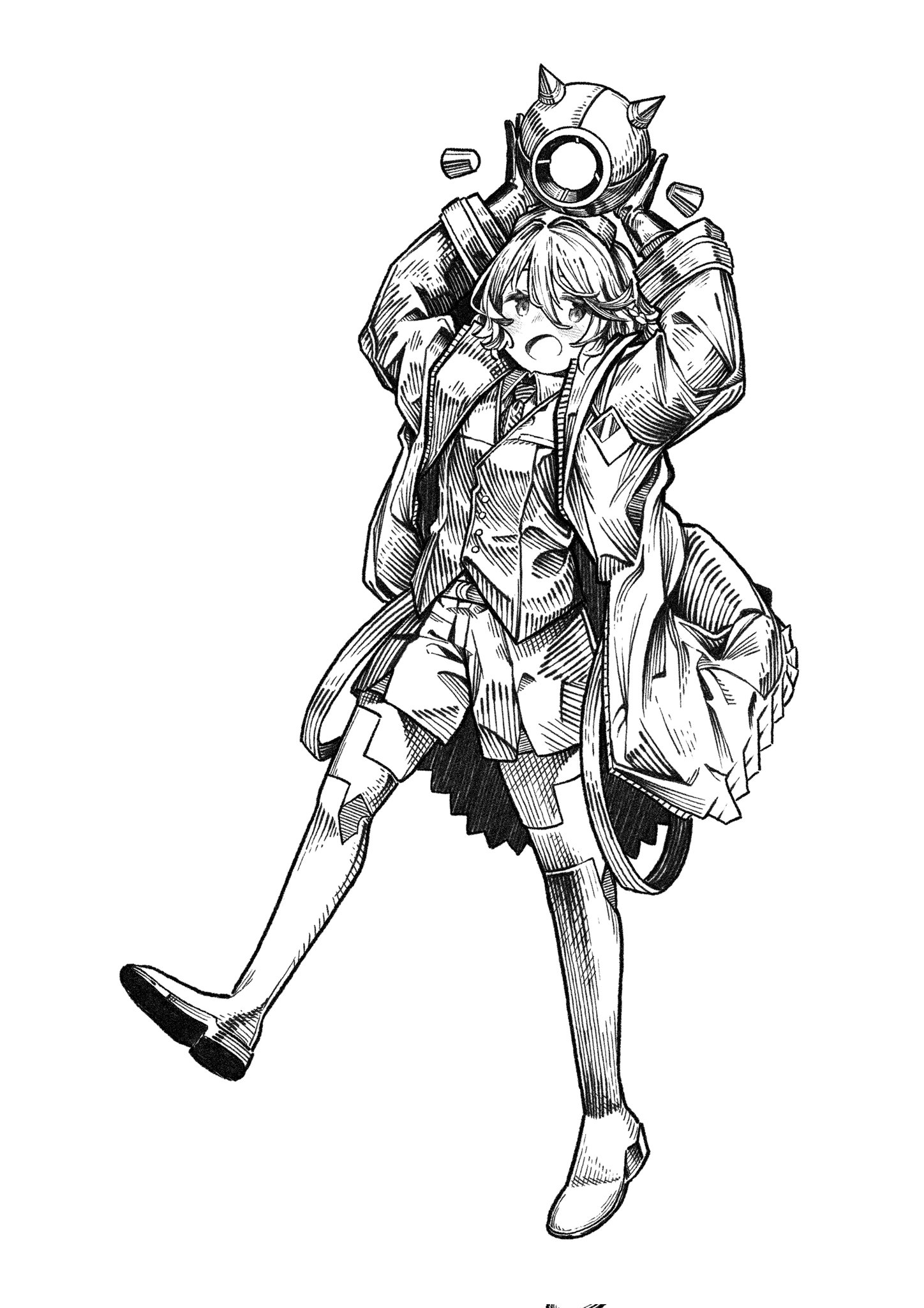 kilsturgeon, nurse robot type t, utau, voicevox, corrupted twitter file, highres, 1girl, arms up, belt, coat, collared shirt, drone, full body, gloves, greyscale, hair between eyes, hat, long sleeves, mechanical legs, monochrome, nurse cap, open clothes, open coat, open mouth, shirt, short hair, shorts, solo, vest, walking