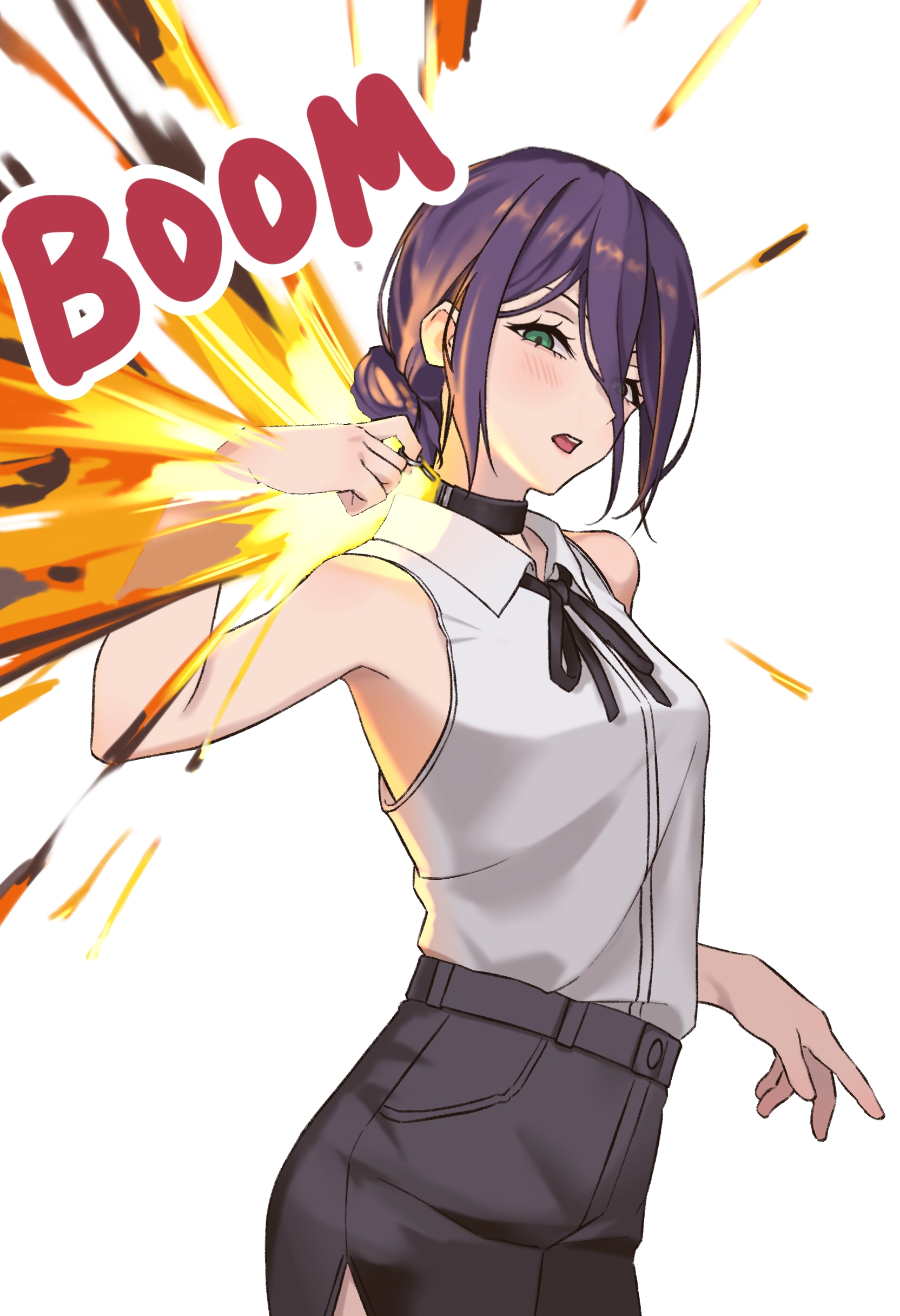 reze (chainsaw man), chainsaw man, absurdres, highres, 1girl, aoooo0495, black choker, black ribbon, black shorts, choker, explosion, green eyes, grenade pin, hair between eyes, hair bun, light blush, looking at viewer, neck ribbon, purple hair, ribbon, shirt, shirt tucked in, shorts, sleeveless, sleeveless shirt, solo, white background, white shirt