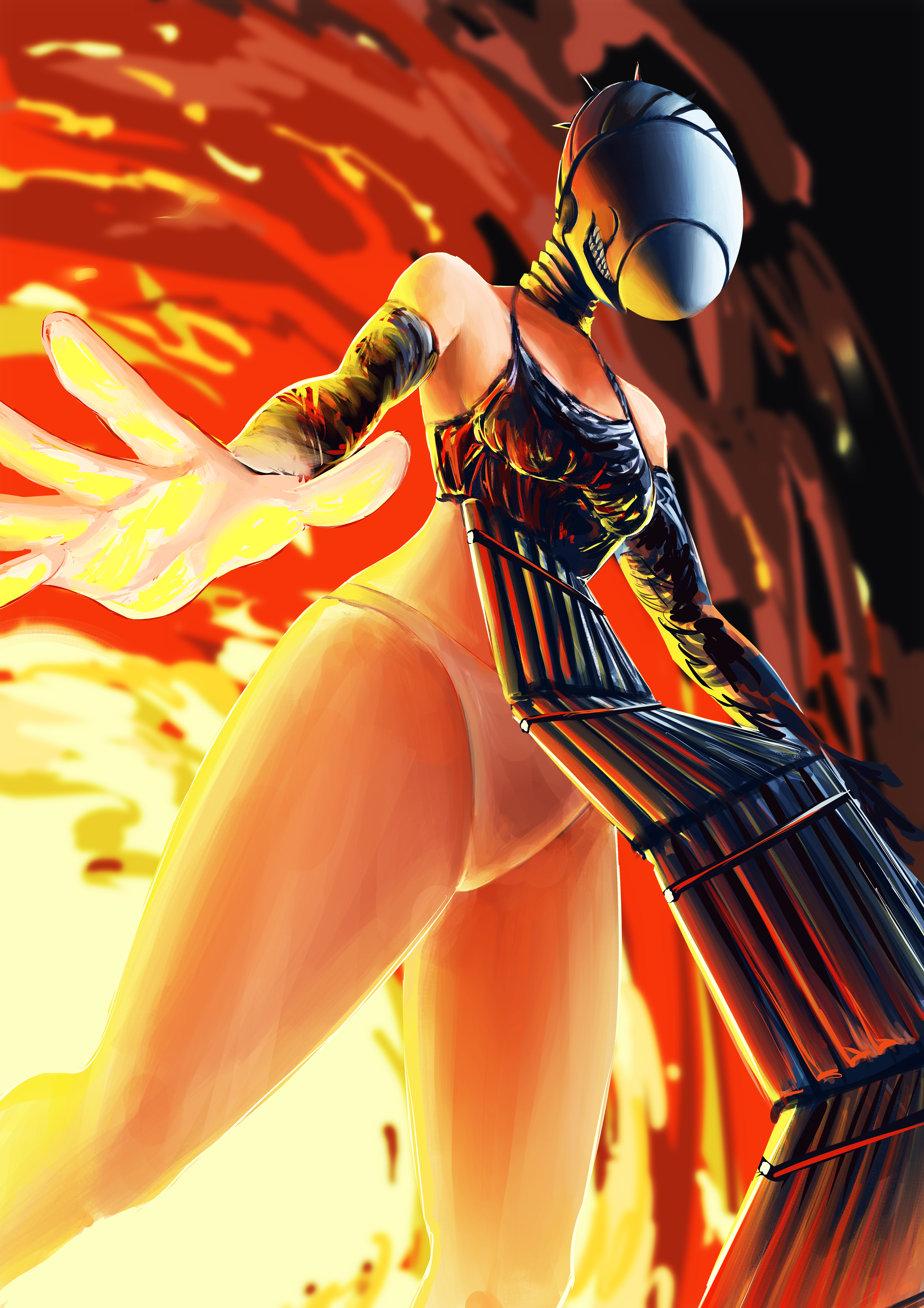 bomb devil (chainsaw man), chainsaw man, absurdres, highres, 1girl, apron, black apron, black gloves, breasts, dynamite, elbow gloves, explosion, explosion background, explosive, gloves, glowing, glowing hand, kai chun, object head, panties, small breasts, solo, teeth, underwear, white panties