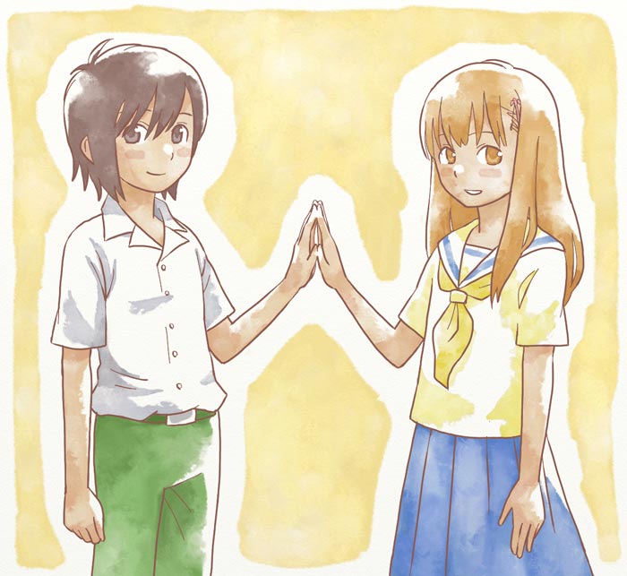namu (nurui cha), nitori shuuichi, takatsuki yoshino, hourou musuko, painting (medium), traditional media, watercolor (medium), 1boy, 1girl, androgynous, blush, brown eyes, brown hair, crossdressing, long hair, reverse trap, school uniform, serafuku, short hair, symmetrical hand pose, trap
